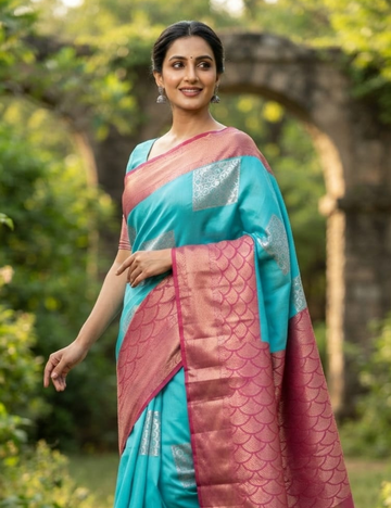 Aqua Blue Sari with Pink Contrast Scallop Pallu
