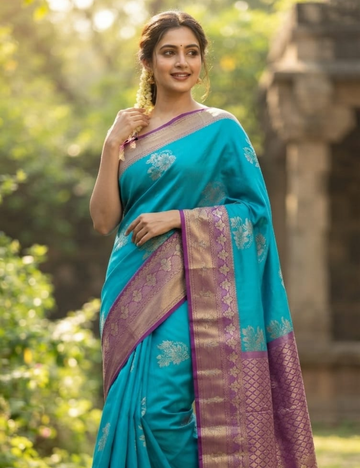 Turquoise Blue Sari with Purple Contrast Floral Pallu