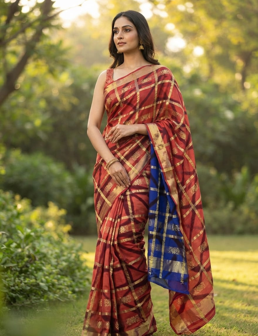 Peach and Blue Checkered Geometric Sari