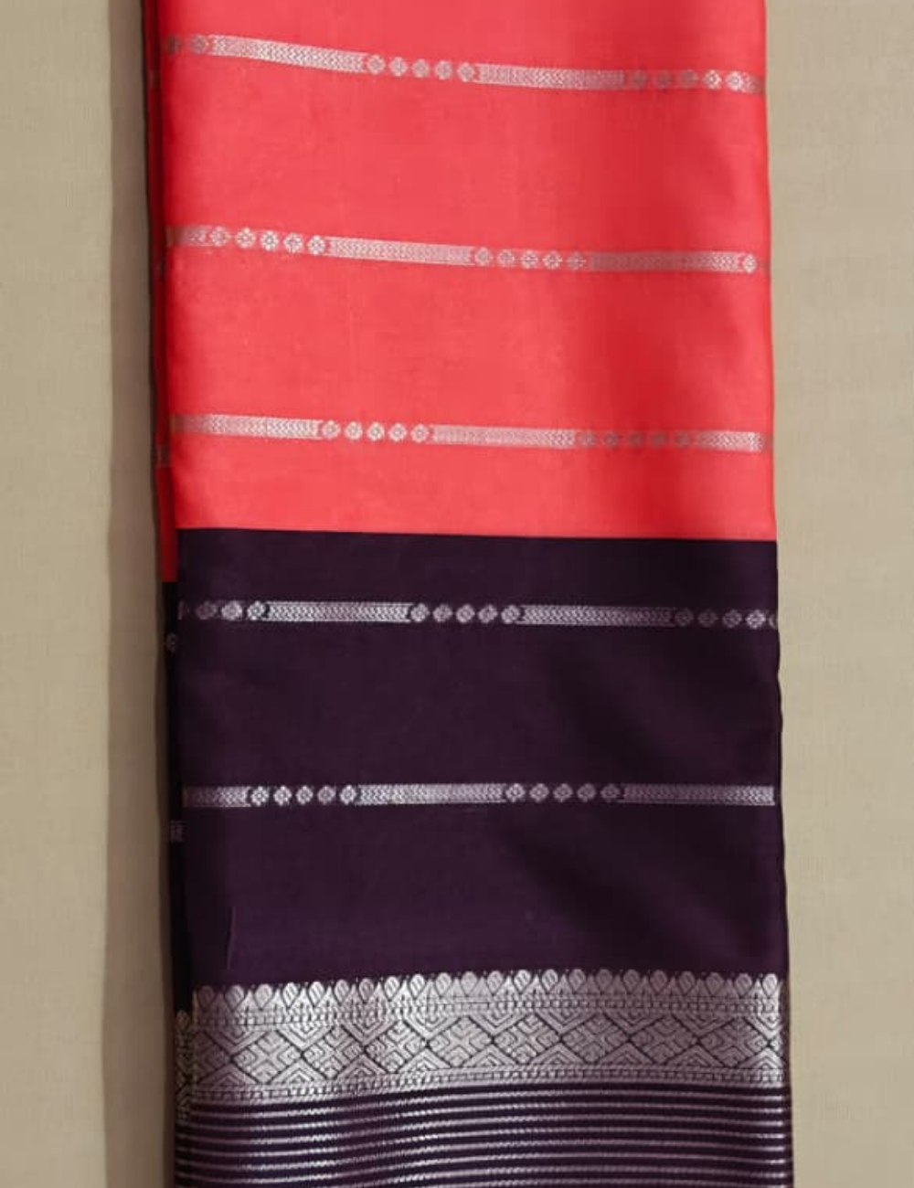Coral Pink and Deep Purple Dual-Tone Zari Striped Mysore Soft Silk Sari