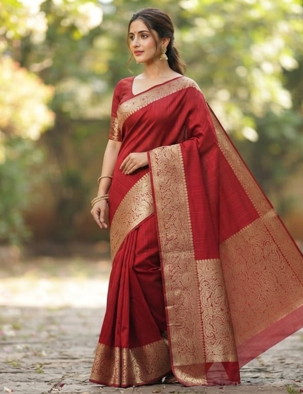 Elegant Crimson Red Zari Woven Sari with Paisley Border