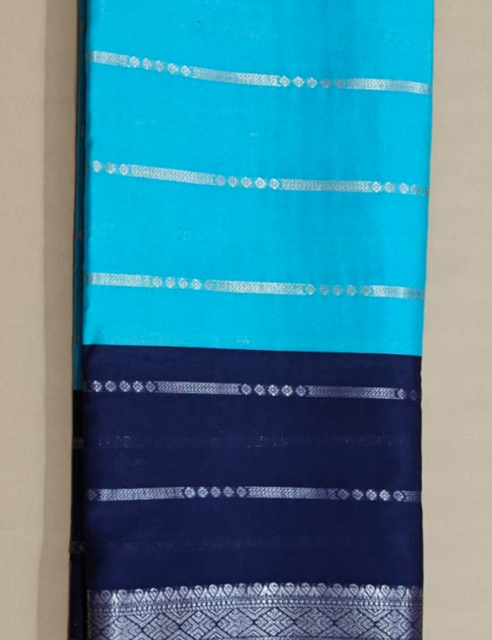 Turquoise Blue and Dark Blue Dual-Tone Zari Striped Mysore Soft Silk Sari