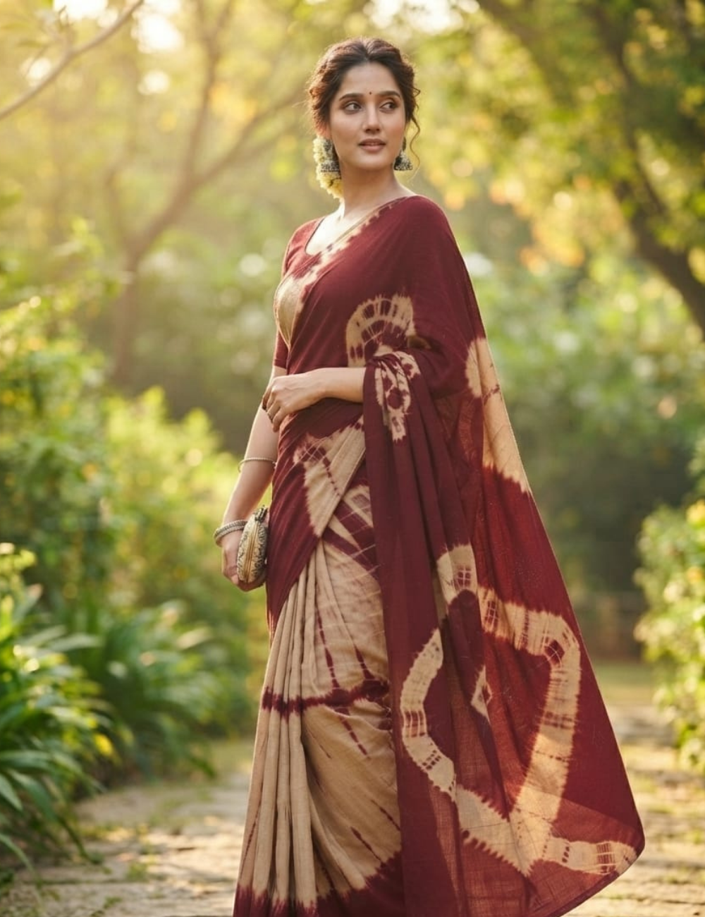 Off-White and Maroon Tie-Dye Soft Cotton Sari