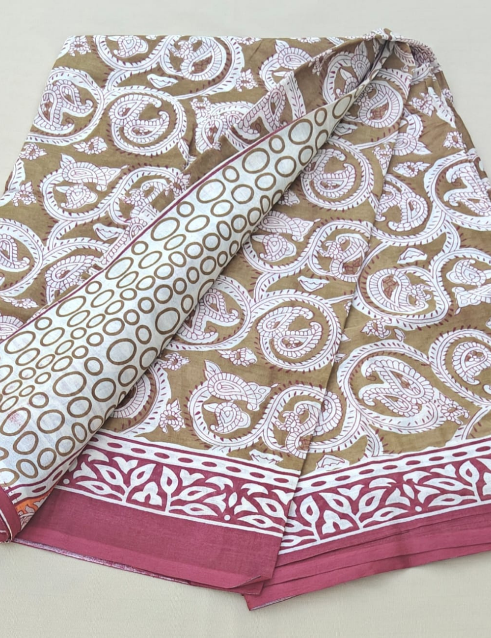 Earthy Paisley Cotton Saree with Rose Pink Border