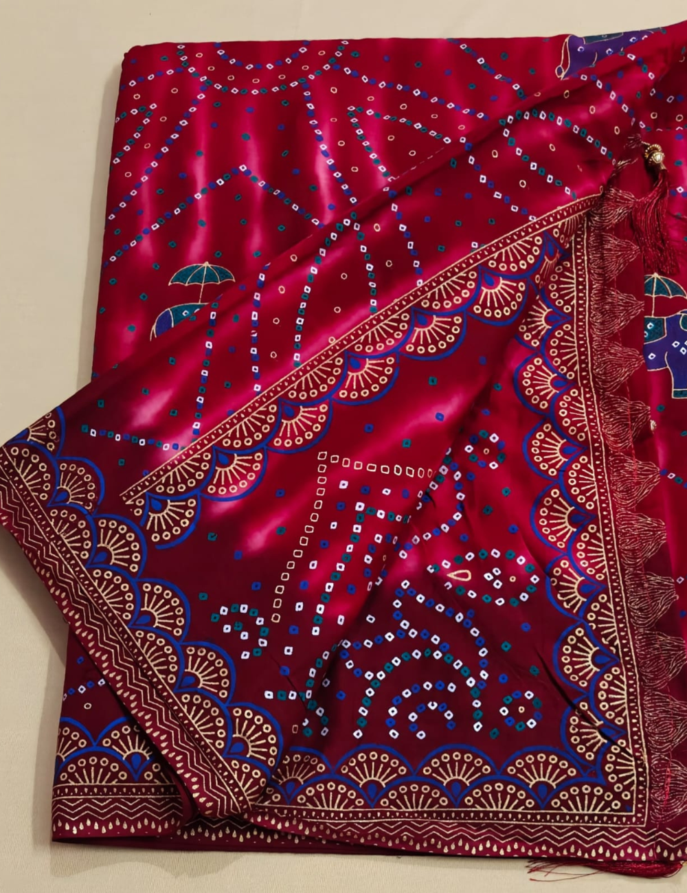 Magenta Elephant Bandhani Cotton Saree
