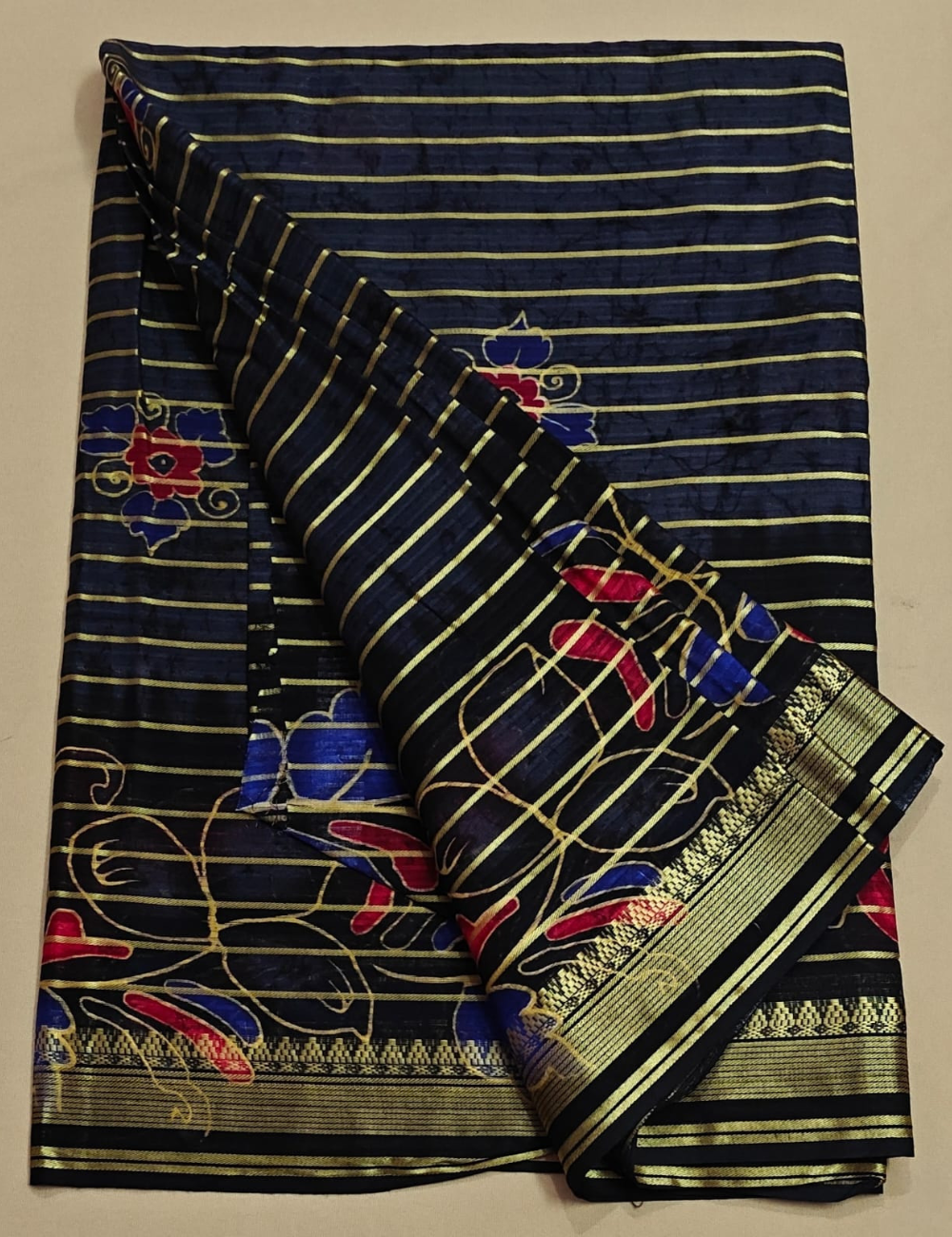 Navy Blue Soft Cotton Sari with Floral Motifs and Golden Stripes