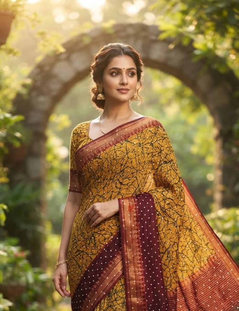 Yellow and Maroon Crackle Print Cotton Sari