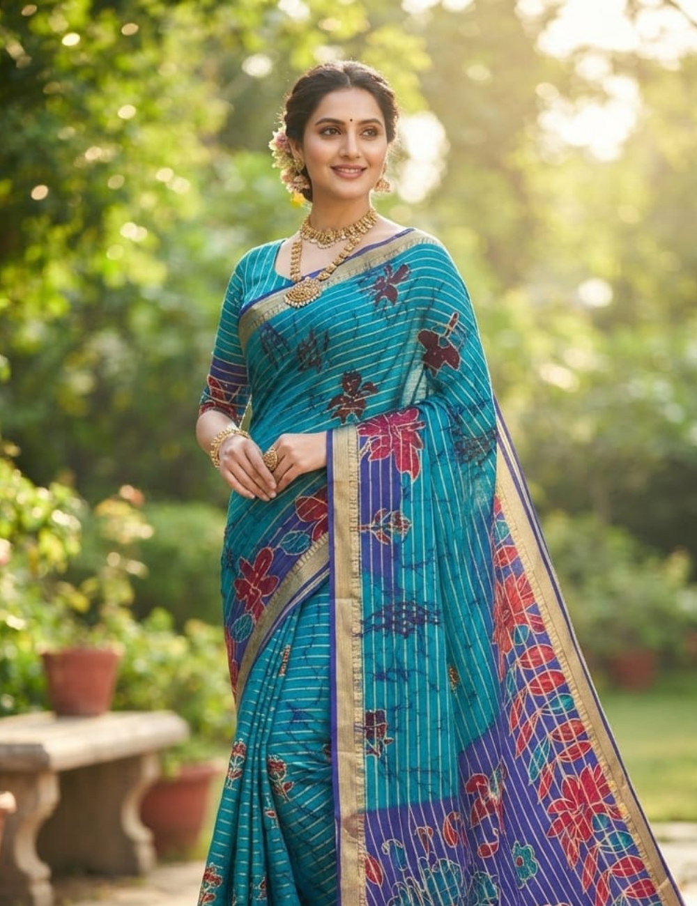Green and Red Floral Print Soft Silk Sari