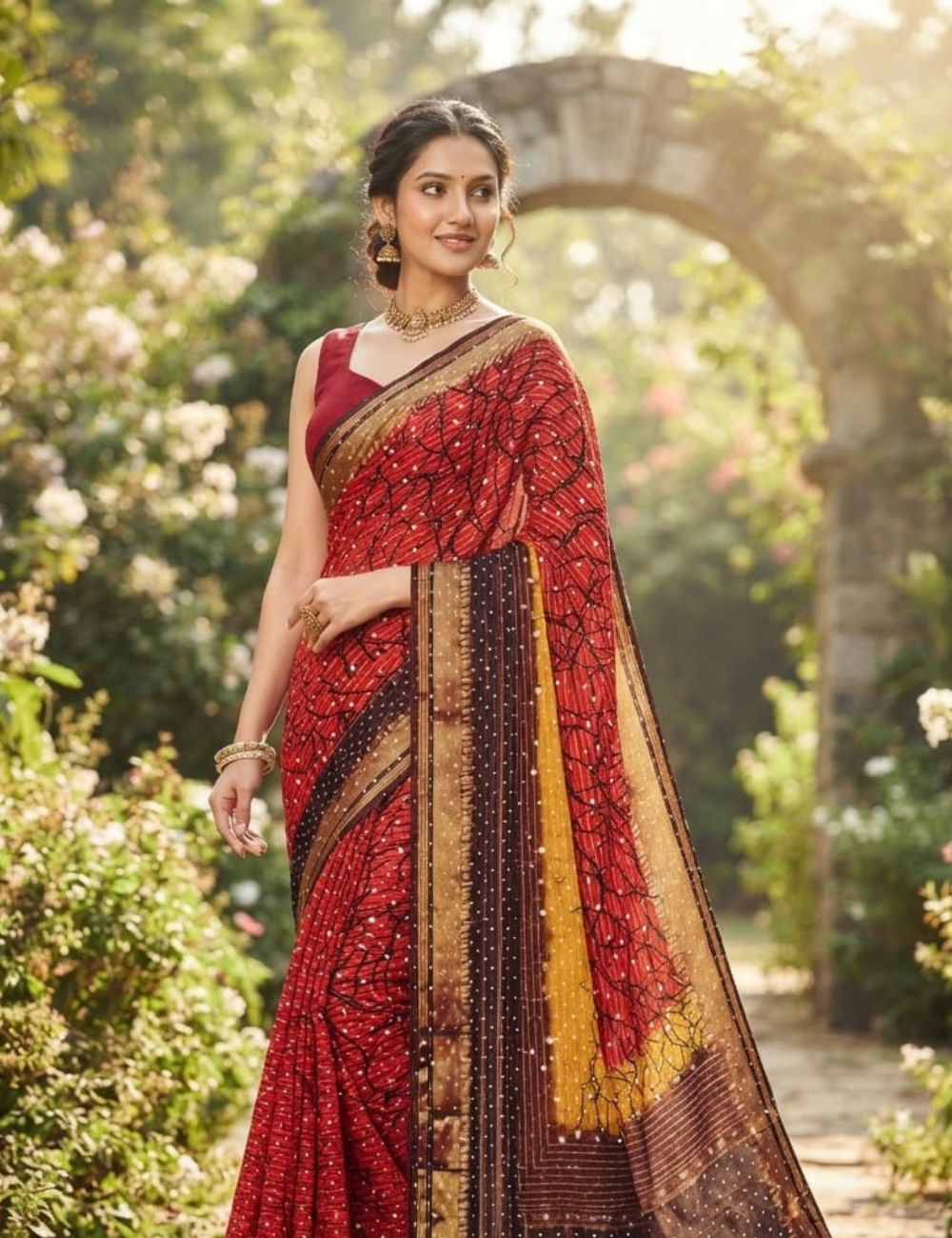 Red, Yellow, and Brown Multi-Tone Crackle Print Cotton Sari