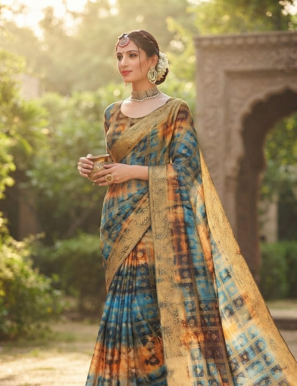 Blue and Yellow Multi-Tone Grid Zari Sari