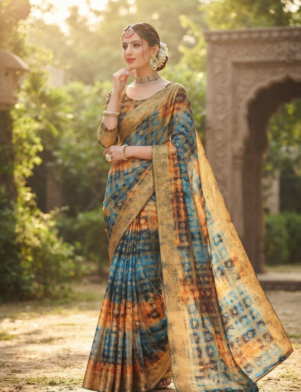 Blue and Yellow Multi-Tone Grid Zari Sari