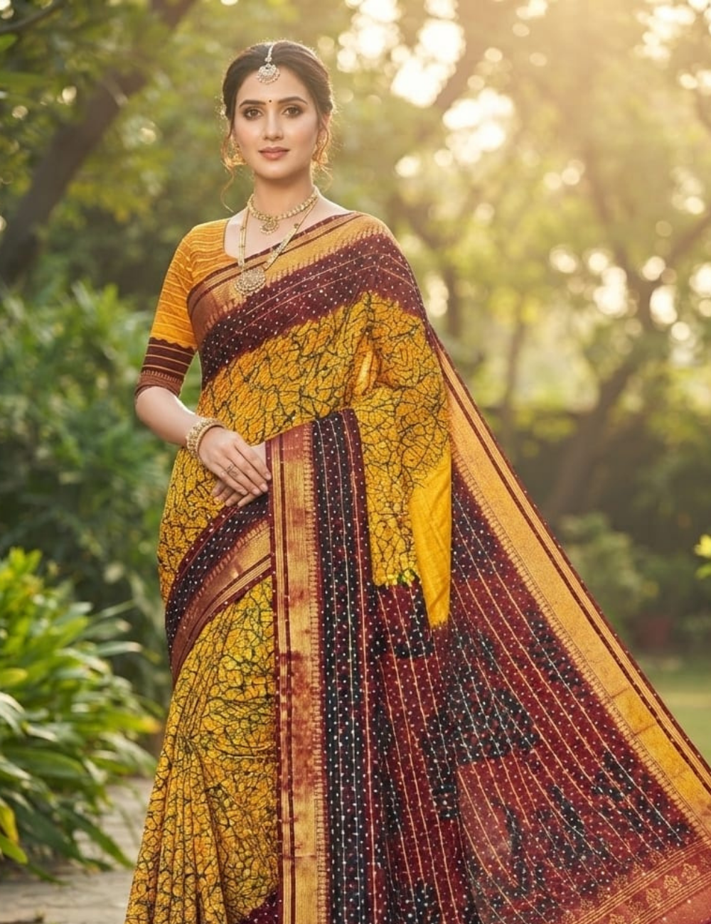 Yellow and Maroon Crackle Print Cotton Sari