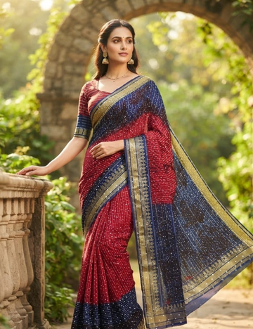 Red and Blue Bandhani Print Cotton Sari