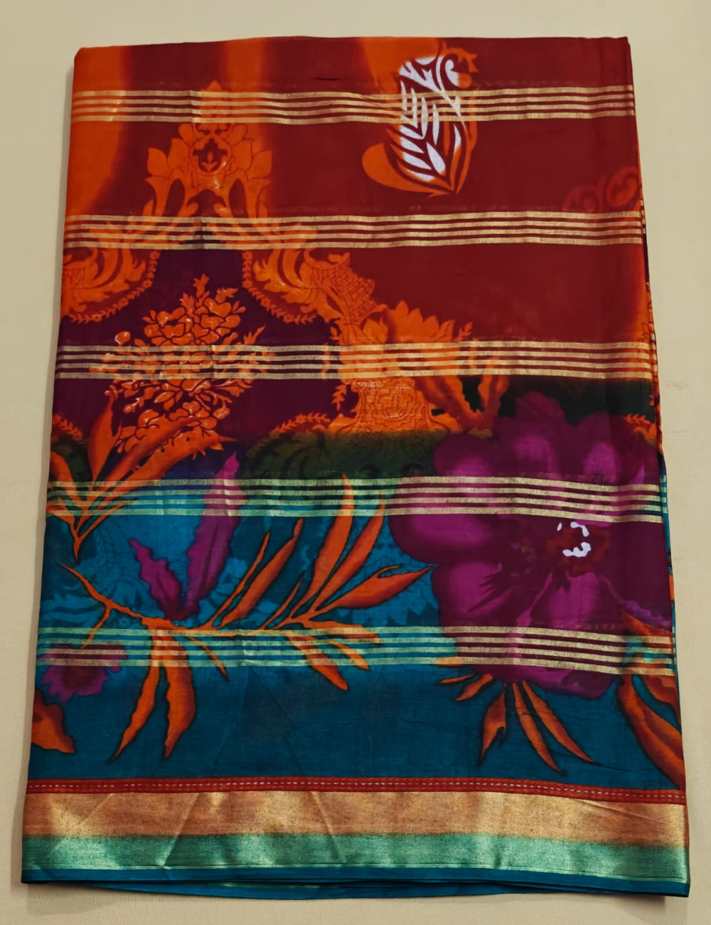 Multicolor Cotton Sari with Floral Prints and Metallic Stripes