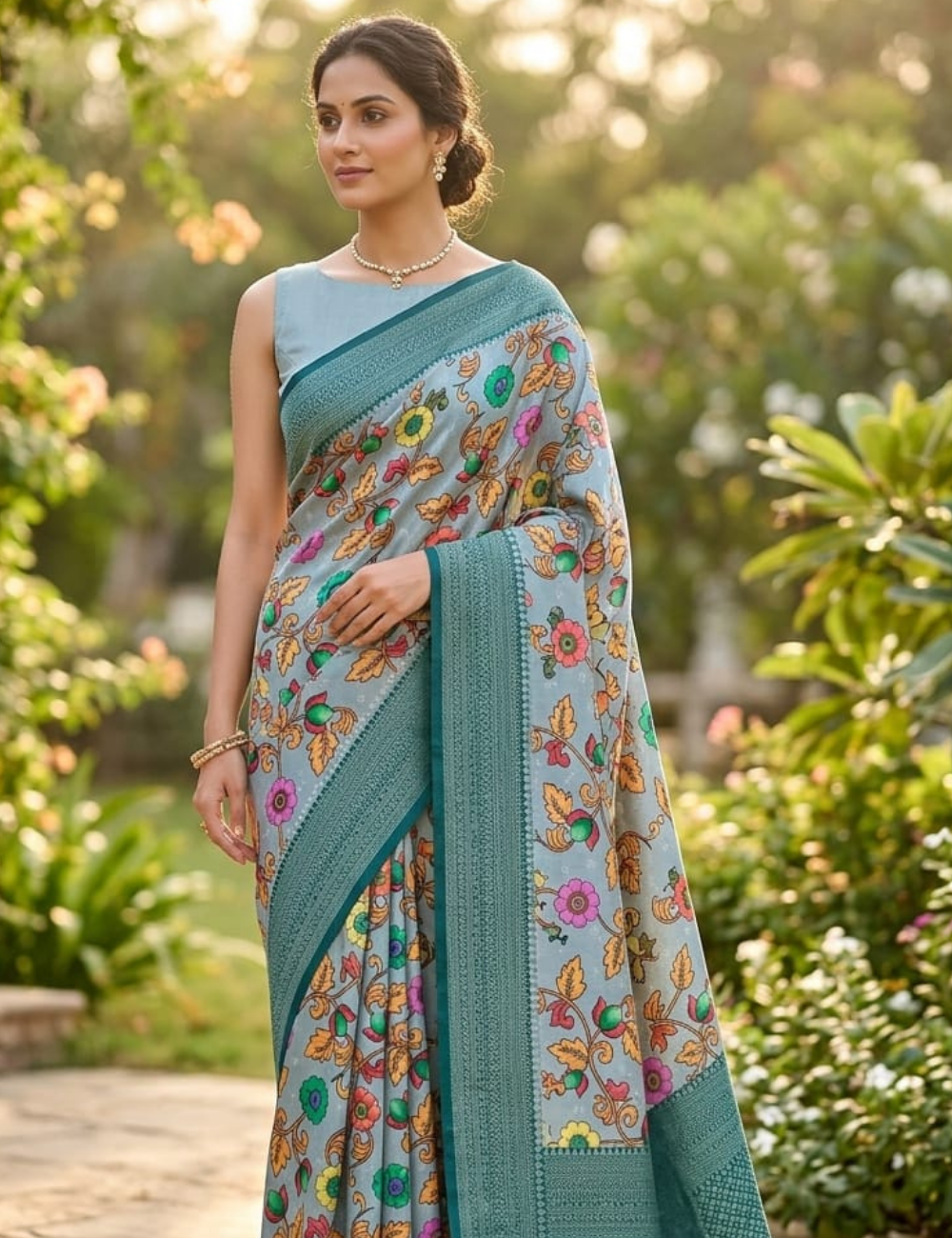 Elegant Teal Border Floral Print Tissue Silk Saree