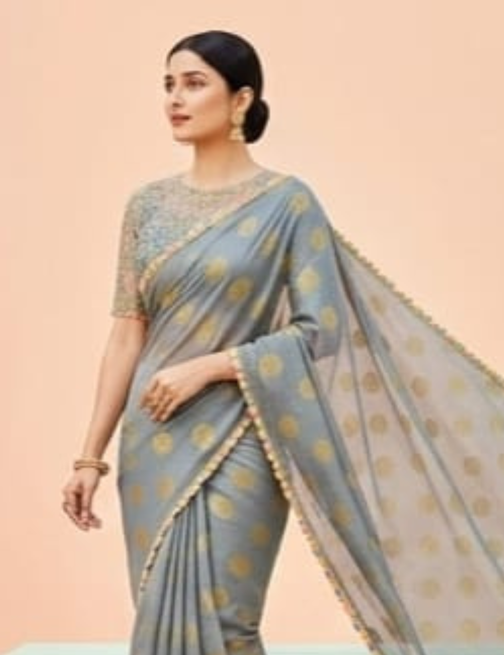 Grey Color Fancy Saree with Elegant Gold Prints & Multicolor Crochet Lace Border