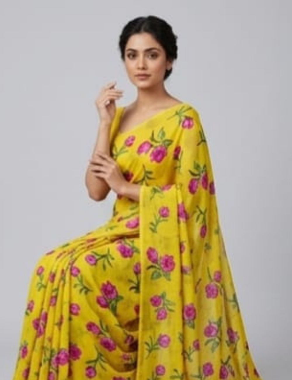 Vibrant Yellow Floral Printed Lightweight Saree with Elegant Border
