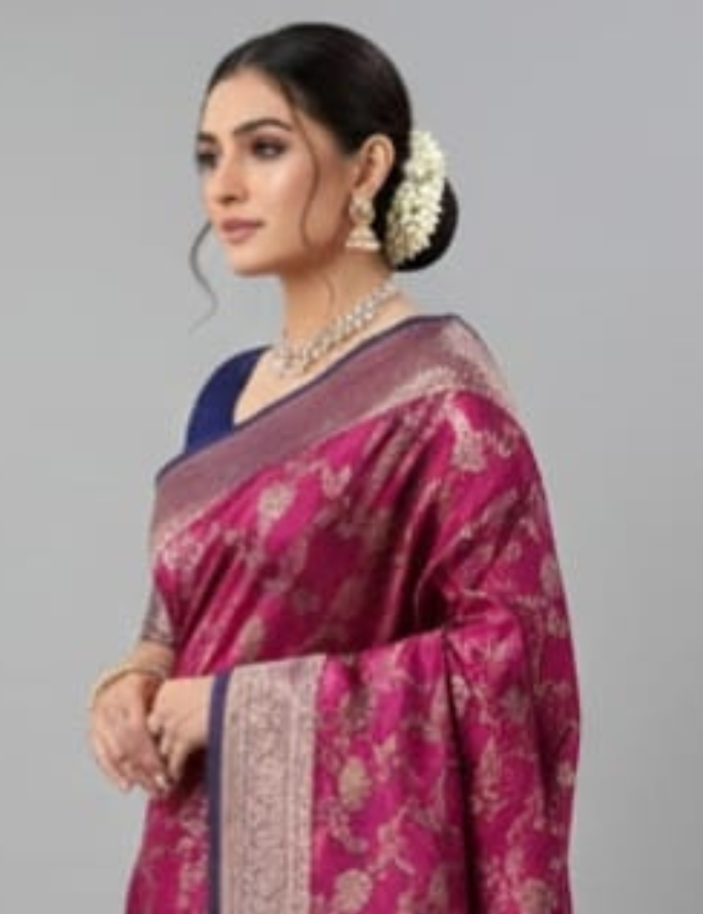 Magenta Silk Blend Saree with Antique Gold Floral Weaving & Royal Blue Contrast Border