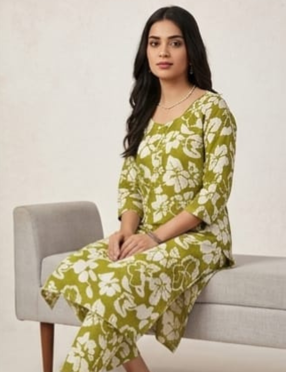 Elegant Olive Green Floral Kurta Set