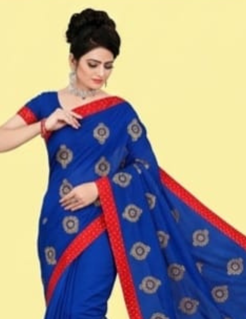 Royal Blue Saree with Pink Velvet Mirror Work Border