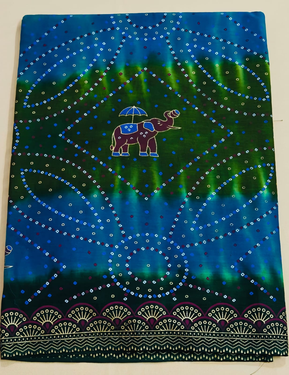 Blue and Green Elephant Bandhani Cotton Saree