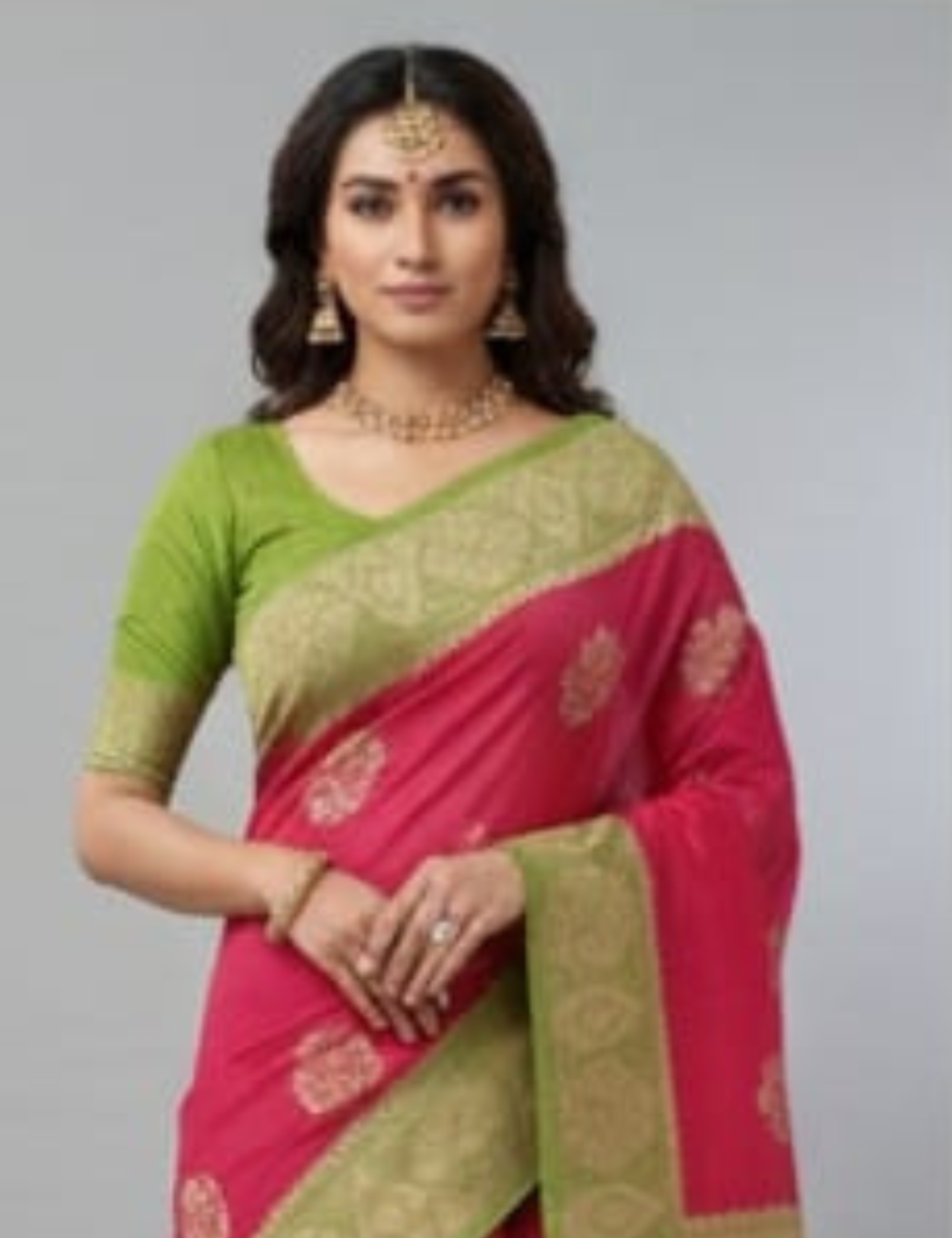 Green and Red Cotton Saree with leaf Border