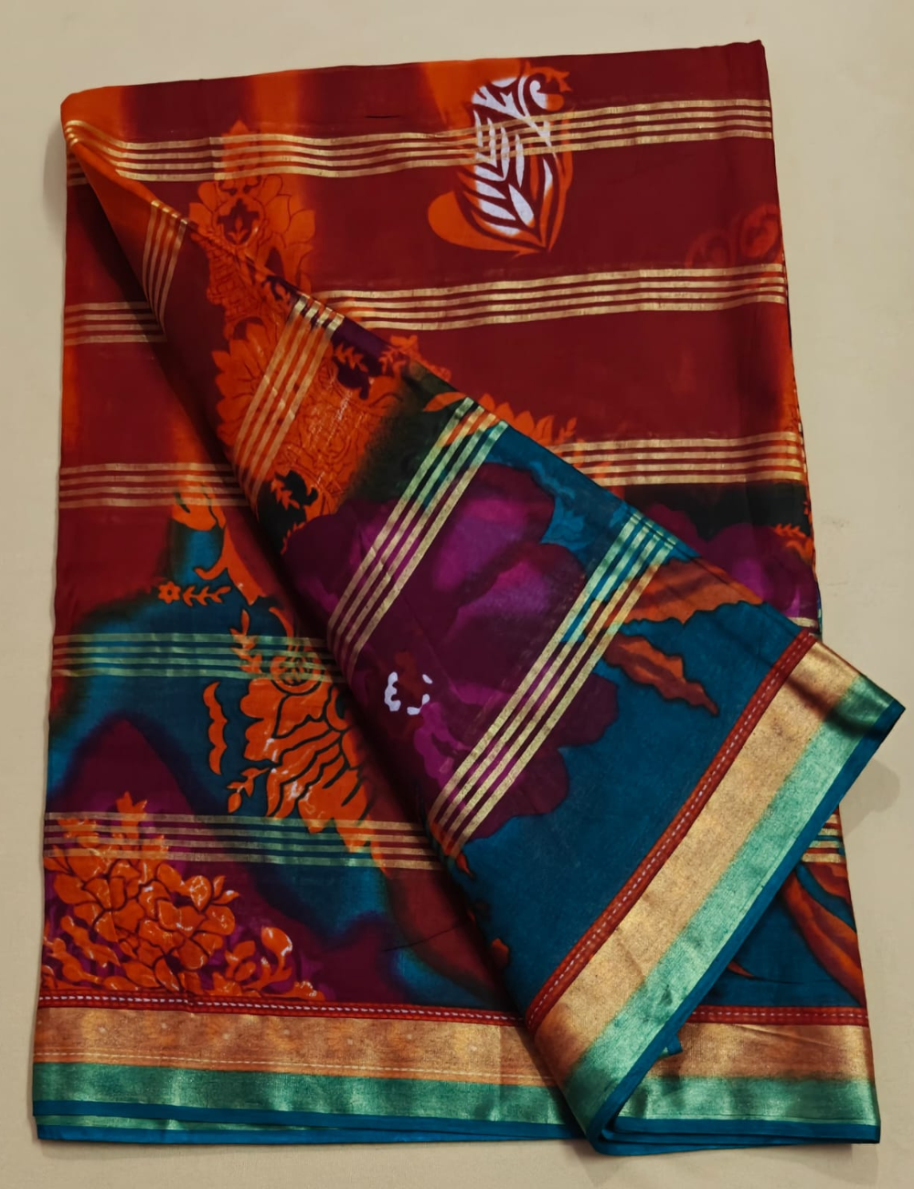 Multicolor Cotton Sari with Floral Prints and Metallic Stripes