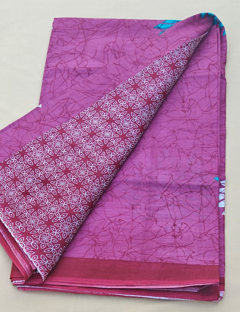 Rose Pink Floral Print Cotton Saree