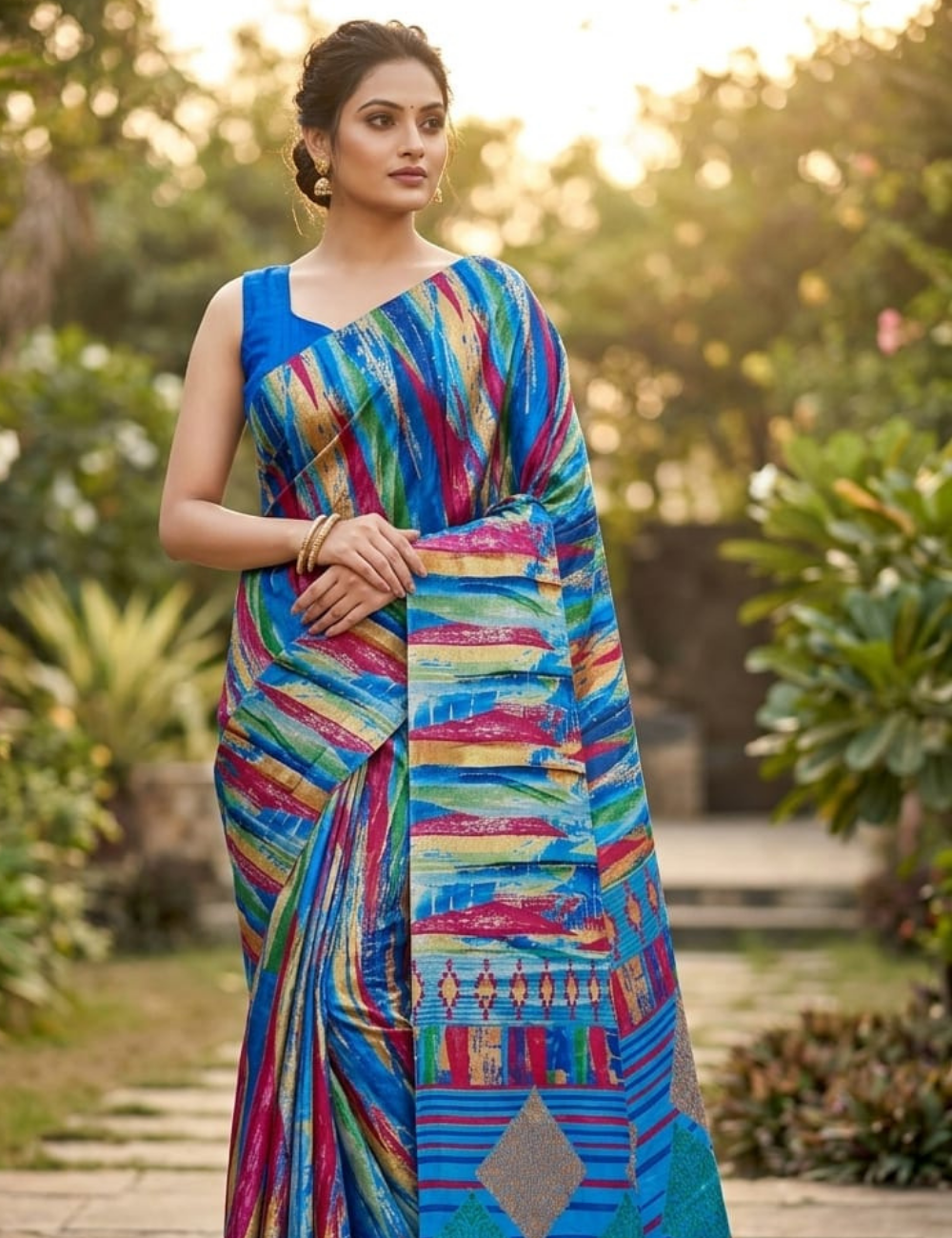 Electric Blue & Metallic Gold Abstract Silk Saree with Avant-Garde Brushstroke Motifs