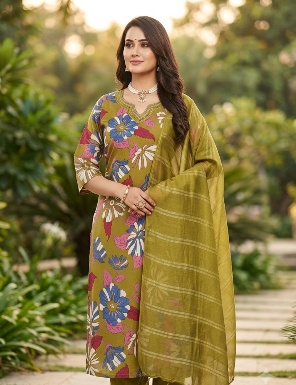 Olive Green Floral Printed Kurta Set with Elegant Dupatta