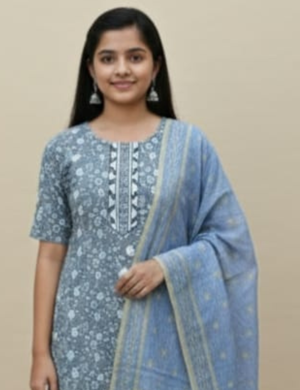 Elegant Grey Printed Kurta Set with Dupatta