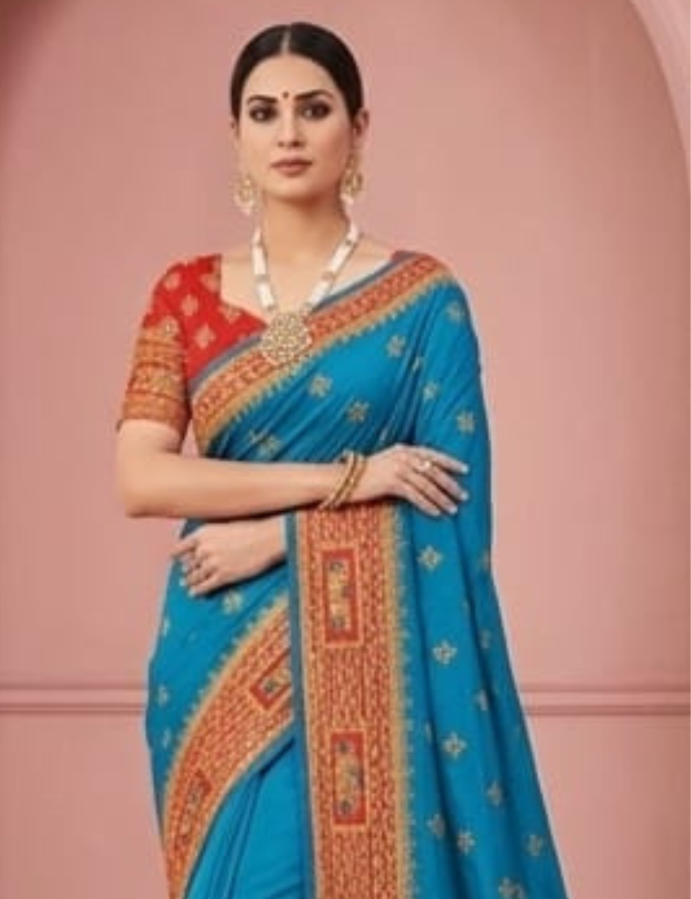 Teal Blue Saree with Red Embroidered Border