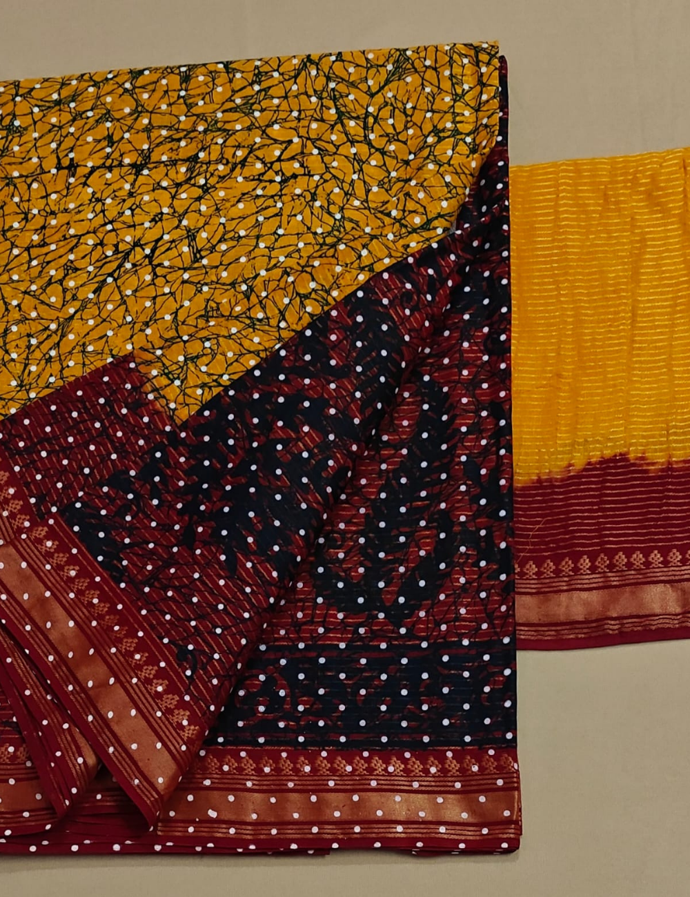 Yellow and Maroon Crackle Print Cotton Sari