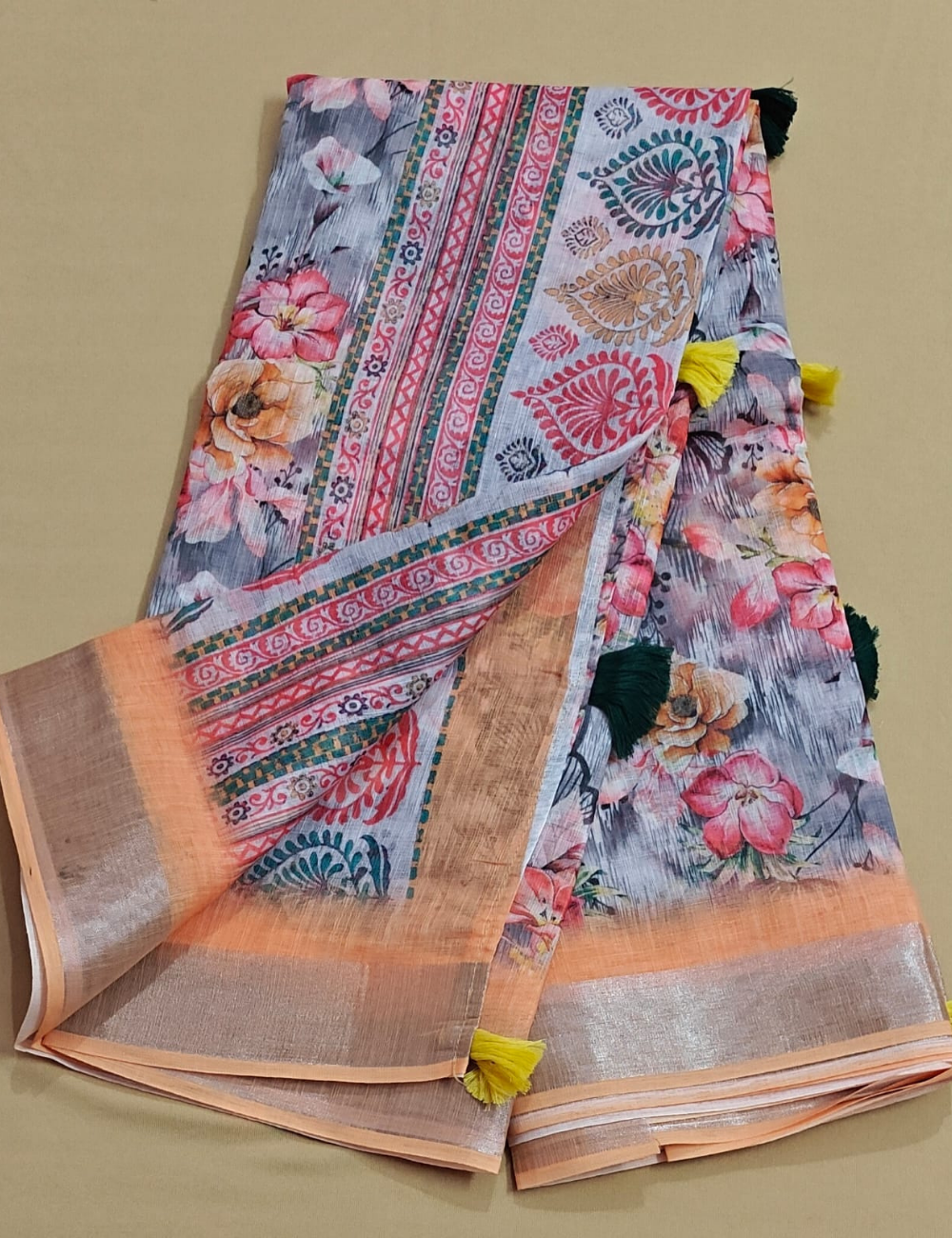 Elegant Floral and Paisley Printed Fancy Cotton Saree