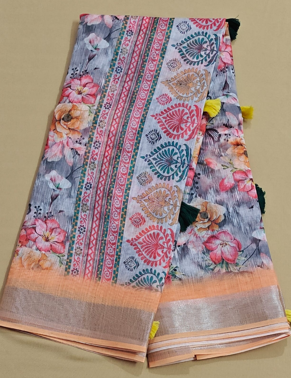 Elegant Floral and Paisley Printed Fancy Cotton Saree
