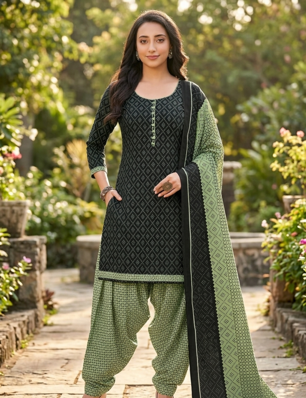 Elegant Black & Sage Patiala Kurta Suit