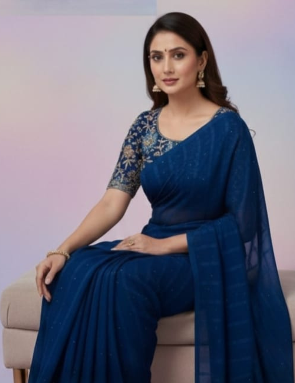 Elegant Navy Blue Saree with Embellished Floral Border
