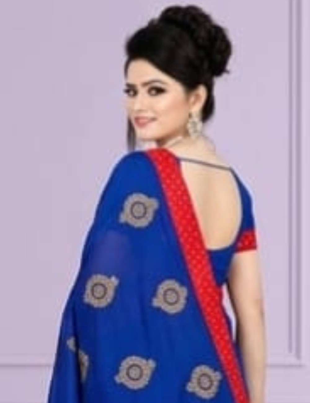 Royal Blue Saree with Pink Velvet Mirror Work Border