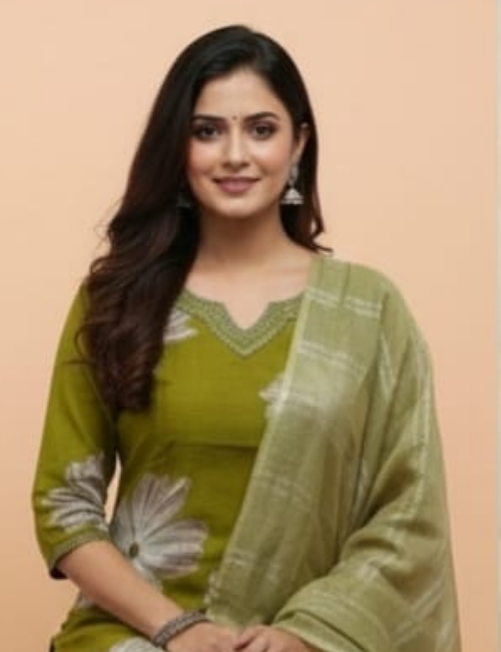 Olive Green Floral Printed Kurta Set with matching Dupatta