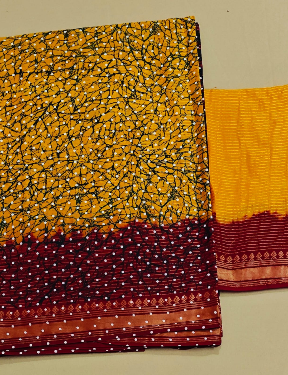 Yellow and Maroon Crackle Print Cotton Sari