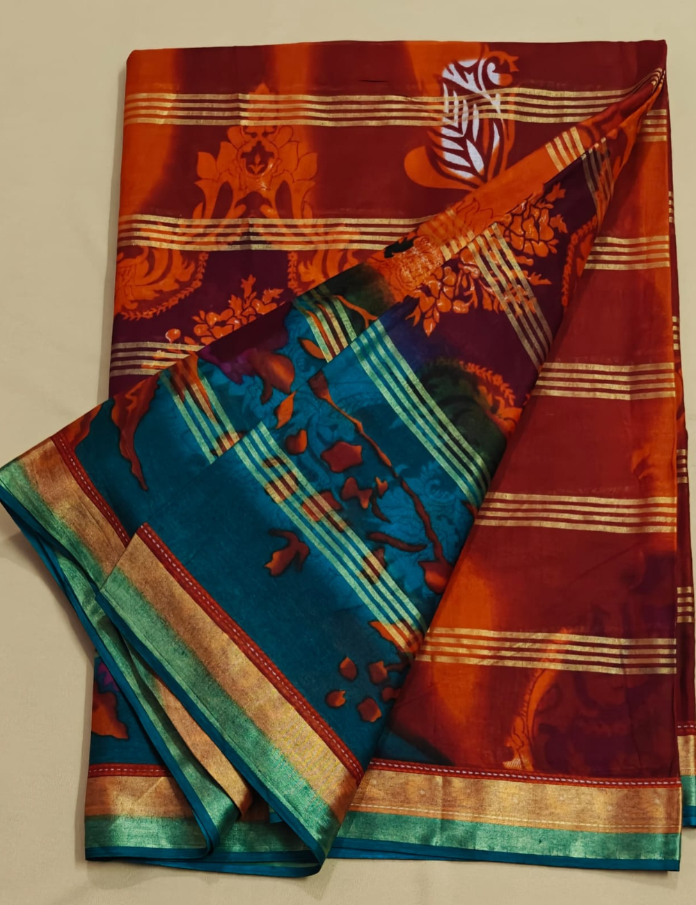 Multicolor Cotton Sari with Floral Prints and Metallic Stripes