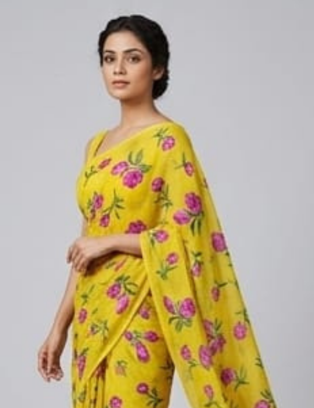 Vibrant Yellow Floral Printed Lightweight Saree with Elegant Border