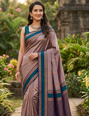 Taupe & Deep Teal Kanjeevaram Silk Saree with Copper Zari Butis & Temple Border