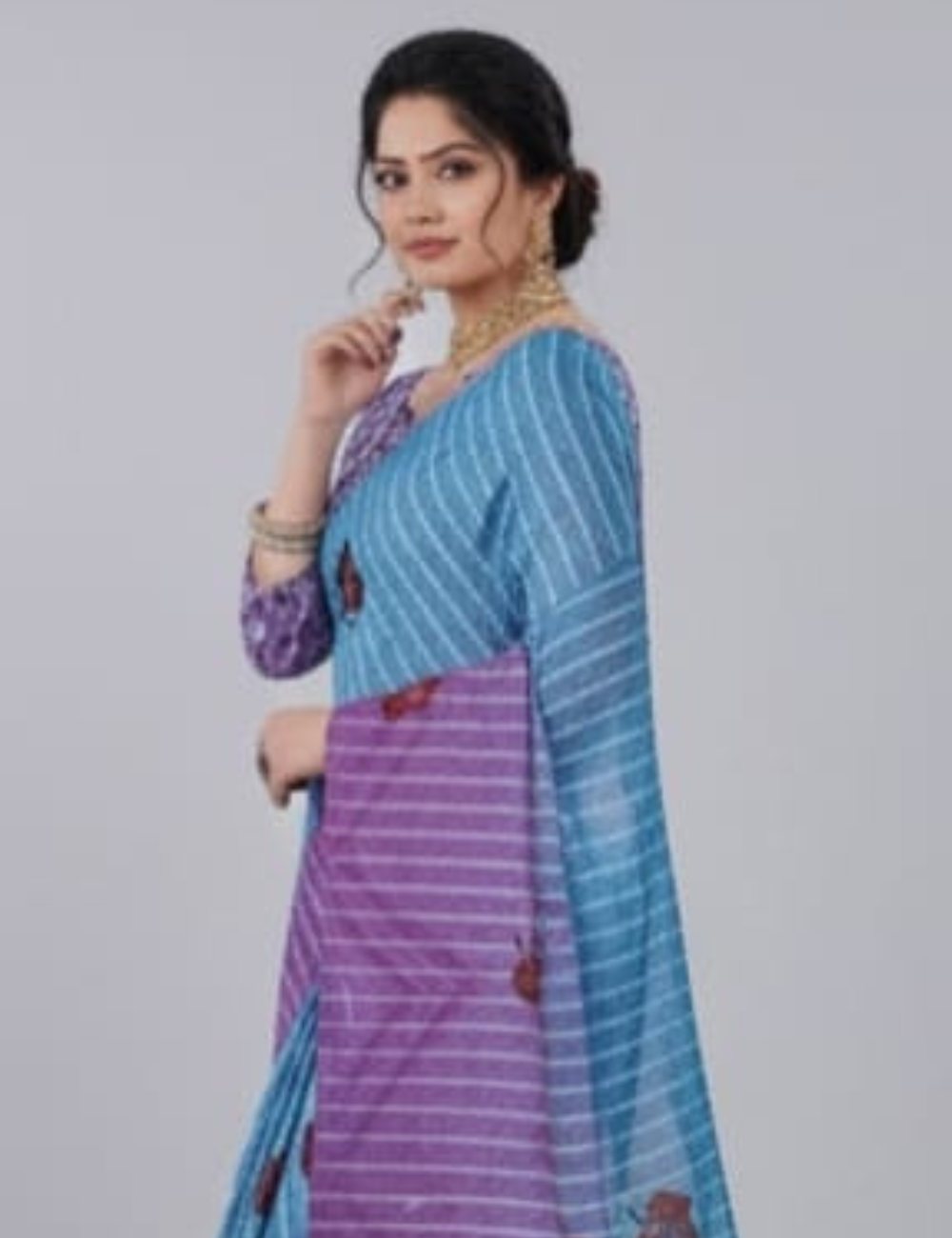 Vibrant Pink and Blue Saree with Leaf Motif and Fringed Border