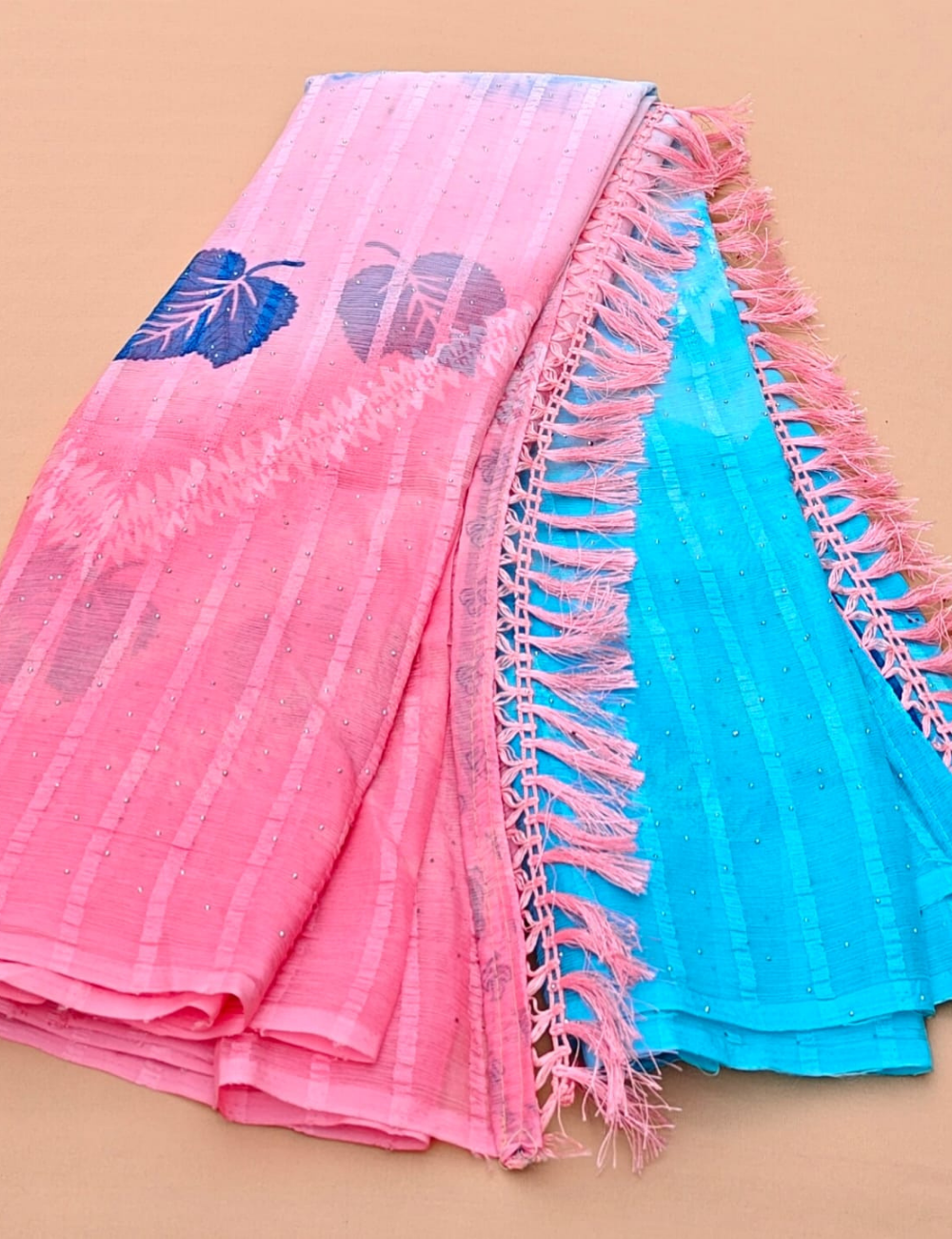 Pink and Blue dual-tone saree with leaf motifs