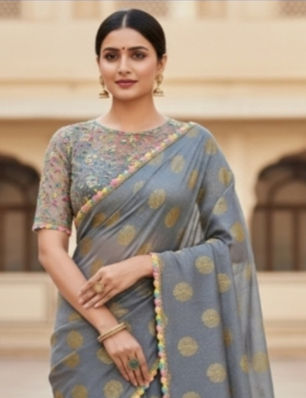 Grey Color Fancy Saree with Elegant Gold Prints & Multicolor Crochet Lace Border