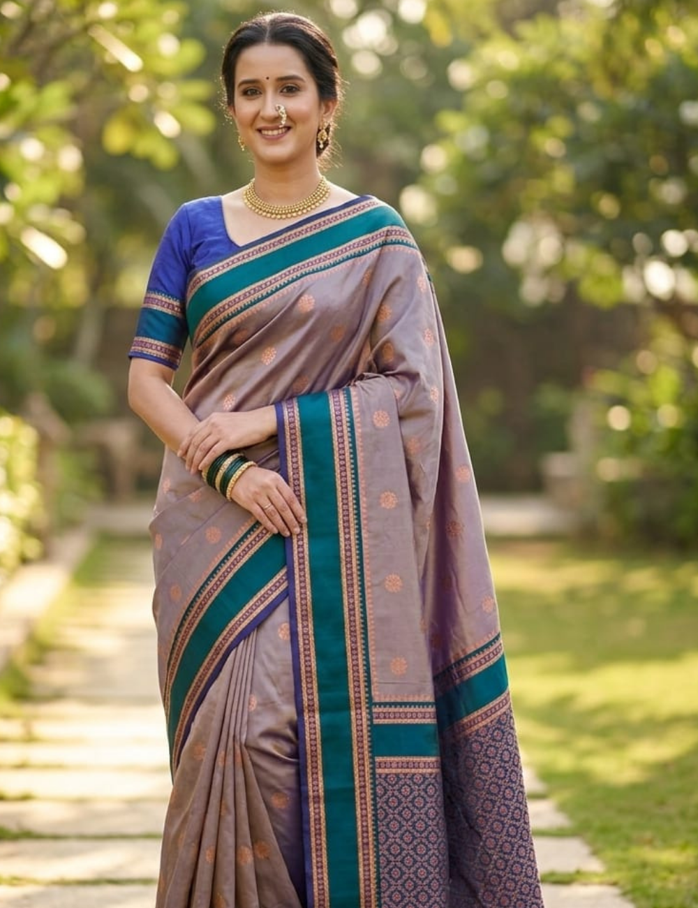 Taupe & Deep Teal Kanjeevaram Silk Saree with Copper Zari Butis & Temple Border