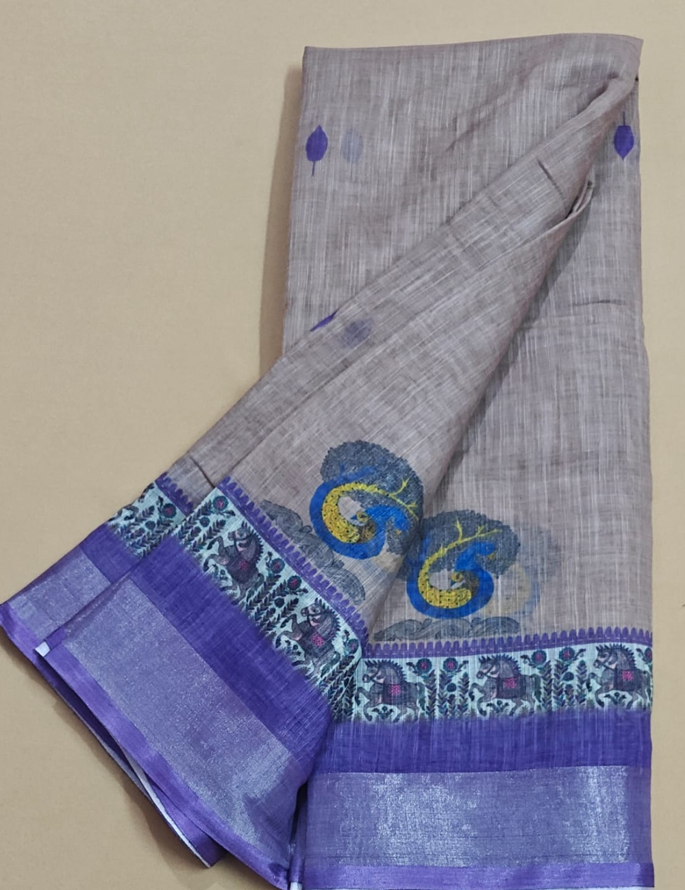 Linen Cotton Saree with Elegant Prints and Metallic Accents