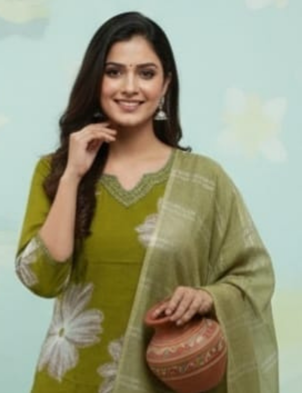 Olive Green Floral Printed Kurta Set with matching Dupatta