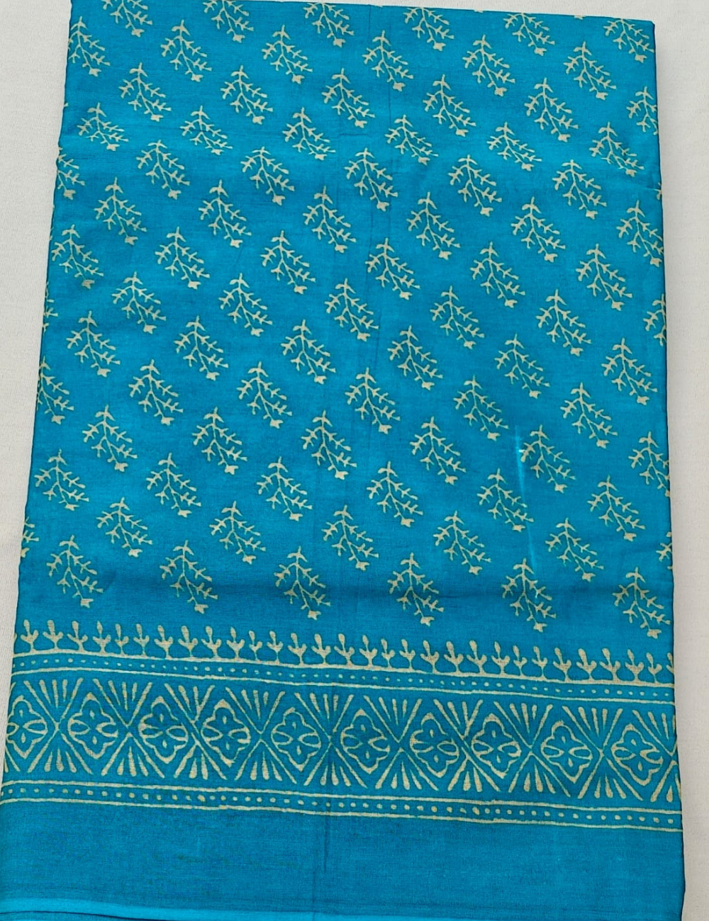 Azure Blue Hand Block Print Cotton Saree